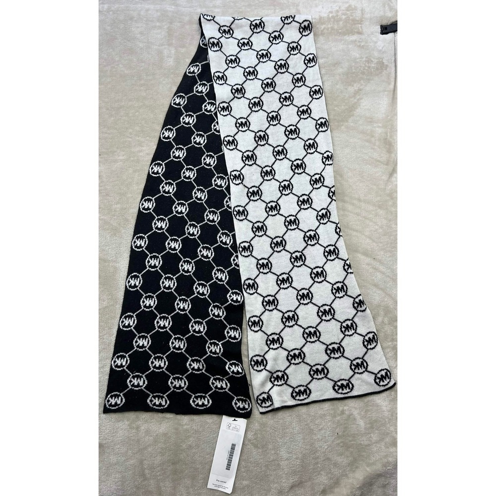 Michael Kors MK Logo Monogram Knit Scarf Black White Colorblock Reversible New